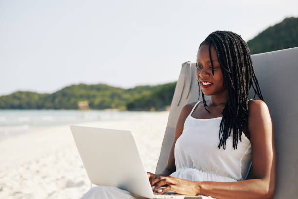 woman sitting in chair on a beach
